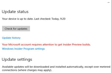 Your Microsoft Account requires attention to get insider builds...